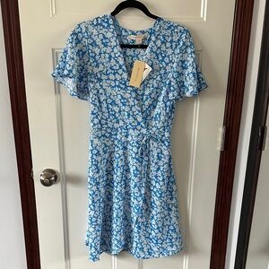 NWT Floral Blue Faux Wrap Dress